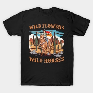 Sunset Cowgirl Riding Horse Wild Flowers - Wild Horses Gift For Mother day Women T-Shirt